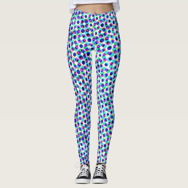 Abstract Geometric Blue And White Circle Pixelate Leggings (Front)