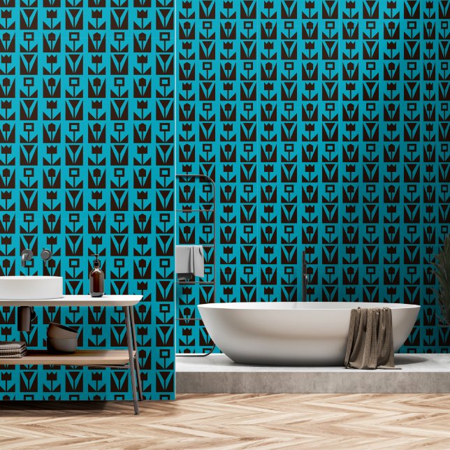 Abstract Geometric Blue Floral Wallpaper (Bathroom)