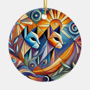 Abstract Geometric Cats with Vibrant Colours Ceramic Tree Decoration