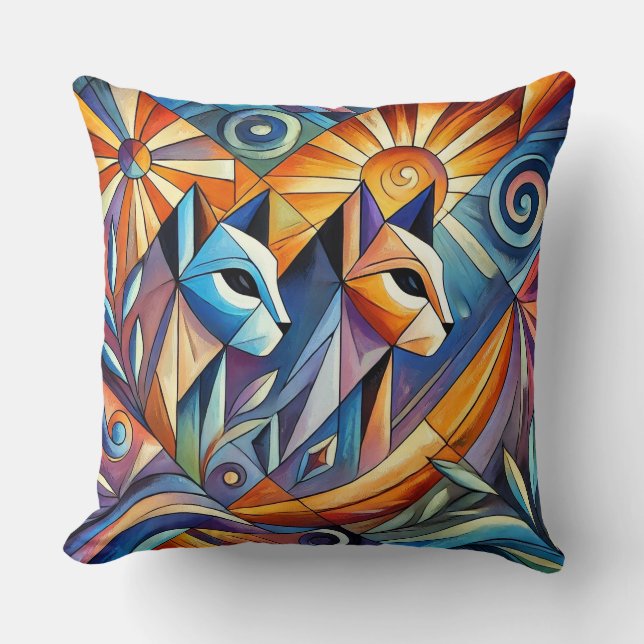 Abstract Geometric Cats with Vibrant Colours Cushion (Front)