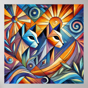 Abstract Geometric Cats with Vibrant Colours Poster