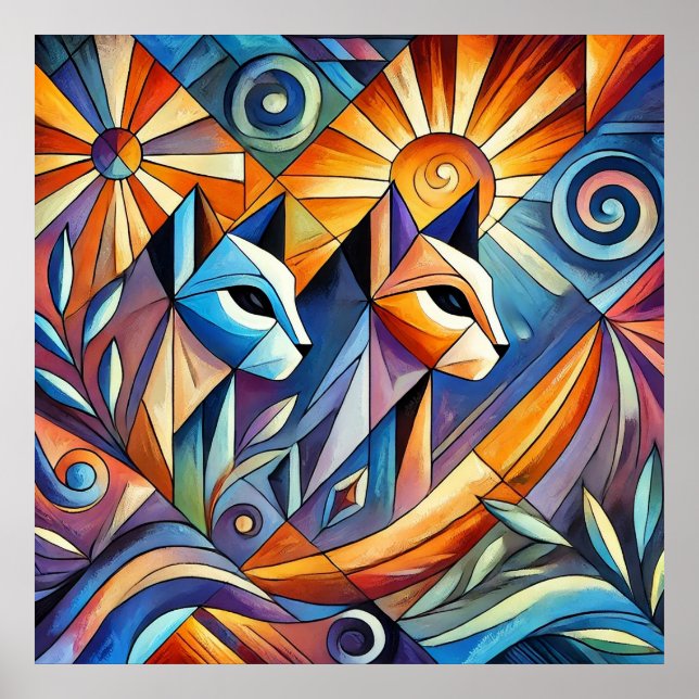 Abstract Geometric Cats with Vibrant Colours Poster (Front)
