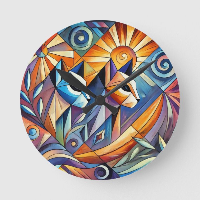 Abstract Geometric Cats with Vibrant Colours Round Clock (Front)