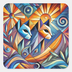 Abstract Geometric Cats with Vibrant Colours Square Sticker