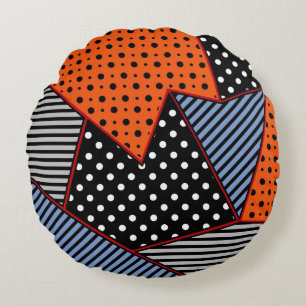 Abstract Geometric Composition: Orange Blue Patter Round Cushion
