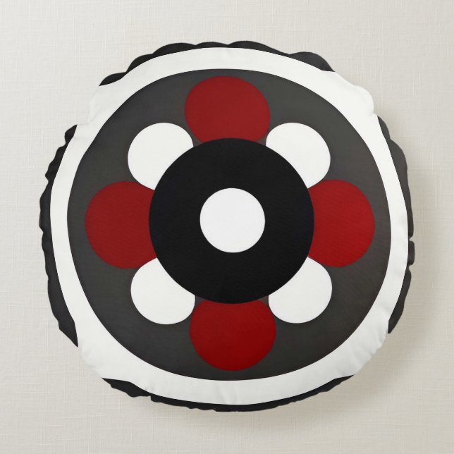 Abstract Geometric Design with Red, Black White Round Cushion (Front)