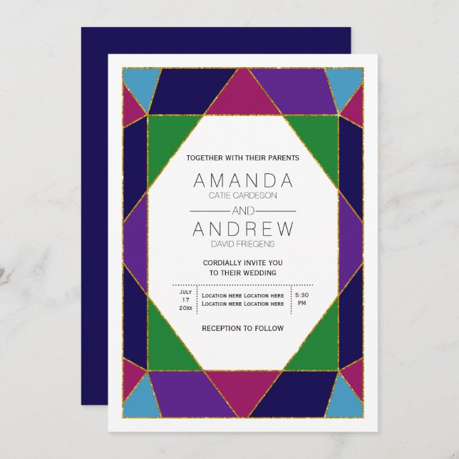 Abstract geometric jewel gemstone wedding invitation (Front/Back)