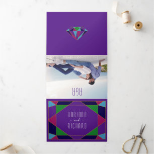 Abstract geometric jewel typography purple wedding Tri-Fold invitation