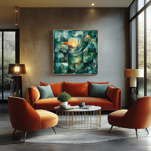Abstract Geometric Landscape Art – Green & Orange Poster