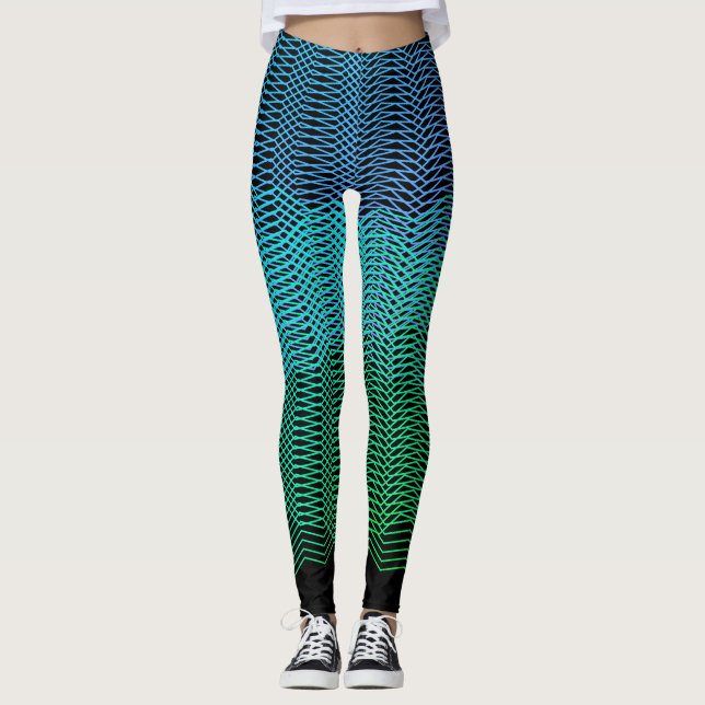Abstract Geometric Lines Gradient Blue On Black Leggings (Front)