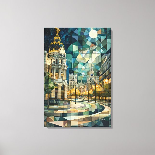 Abstract Geometric Madrid Skyline with Gran Vía Canvas Print (Front)