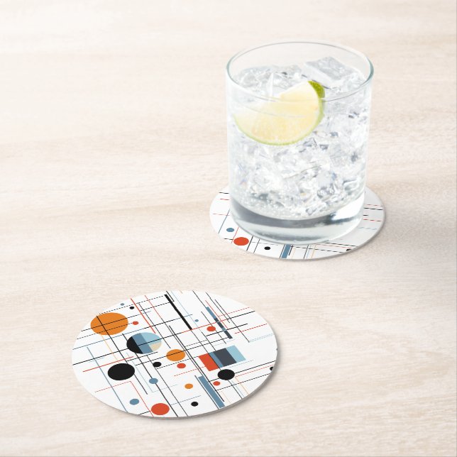 Abstract Geometric Modern Minimalist Lines Round Paper Coaster (Insitu)