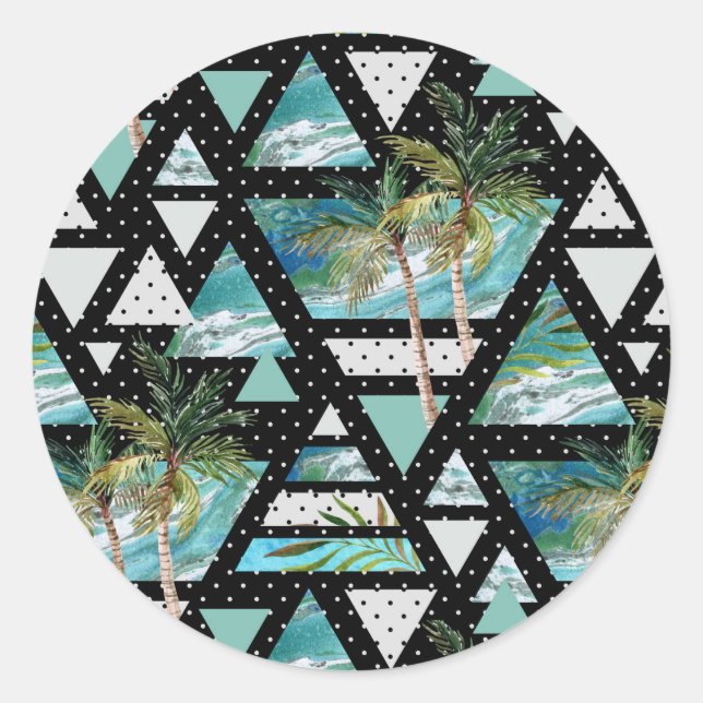 Abstract Geometric Palms & Waves Pattern Classic Round Sticker (Front)
