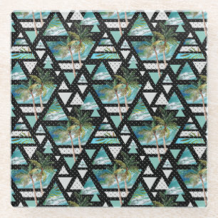 Abstract Geometric Palms & Waves Pattern Glass Coaster