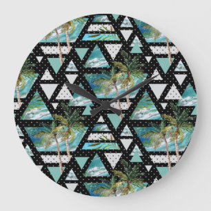Abstract Geometric Palms & Waves Pattern Large Clock