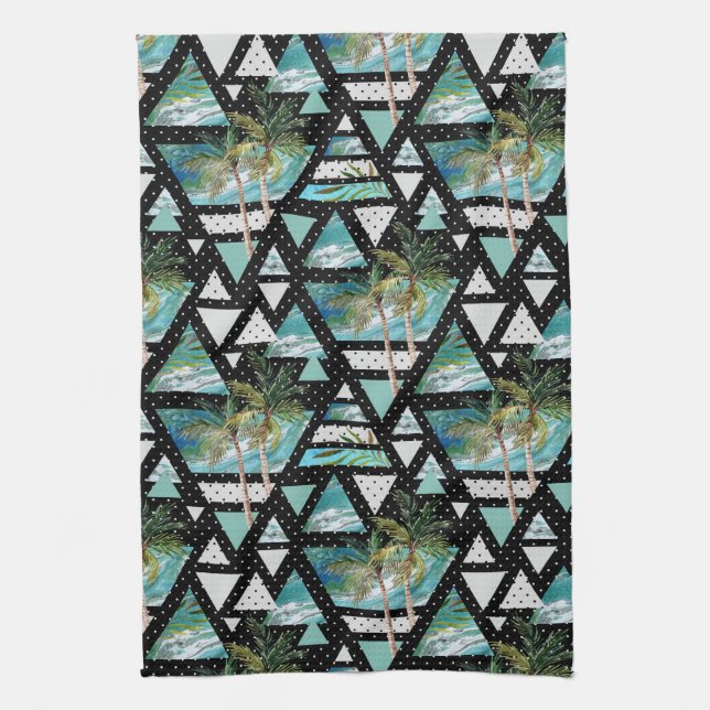 Abstract Geometric Palms & Waves Pattern Tea Towel (Vertical)