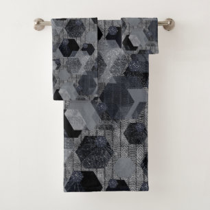 Abstract geometric pattern, black and gray . bath towel set