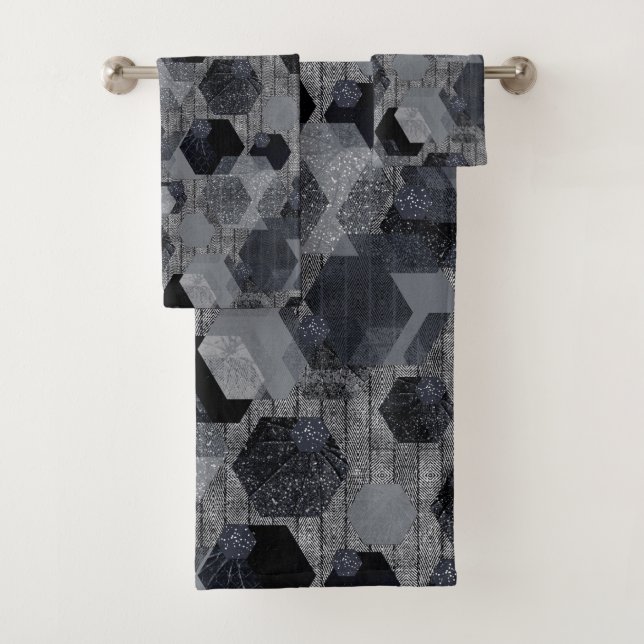 Abstract geometric pattern, black and grey . bath towel set (Insitu)
