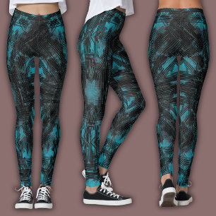 Abstract Geometric Pattern   Black and Teal Leggings