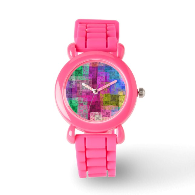 Abstract geometric pattern, blue, pink, modern  watch (Front)