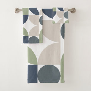 Abstract Geometric Pattern Grey Green Mid Century Bath Towel Set