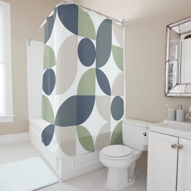 Abstract Geometric Pattern Grey Green Mid Century Shower Curtain (In Situ)