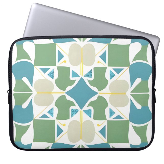 Abstract Geometric Pattern in Green and Blue Laptop Sleeve (Front)
