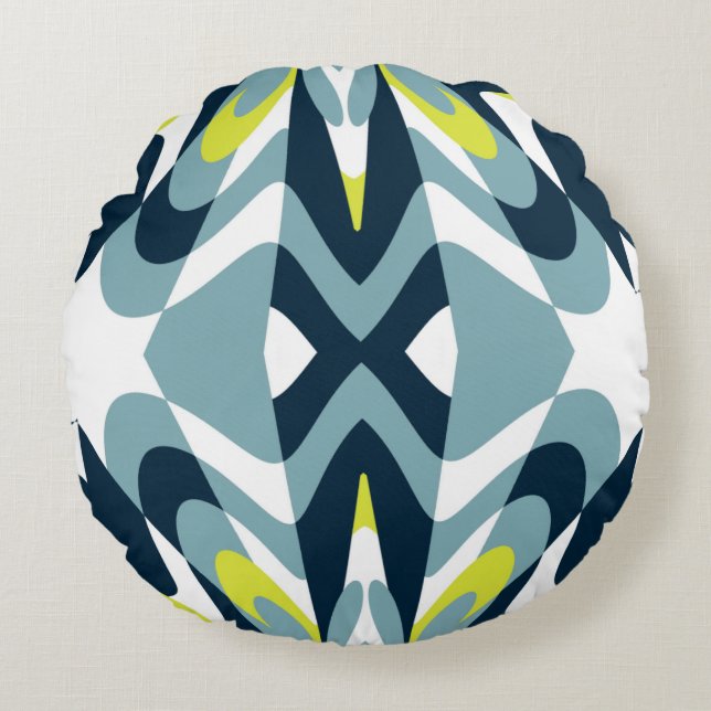 Abstract Geometric Pattern in Navy, Teal, and Lime Round Cushion (Front)
