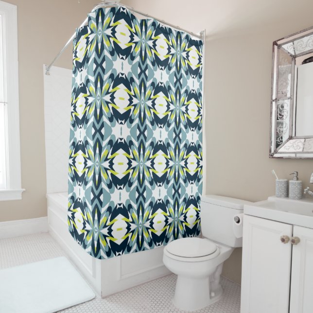 Abstract Geometric Pattern in Navy, Teal, and Lime Shower Curtain (In Situ)