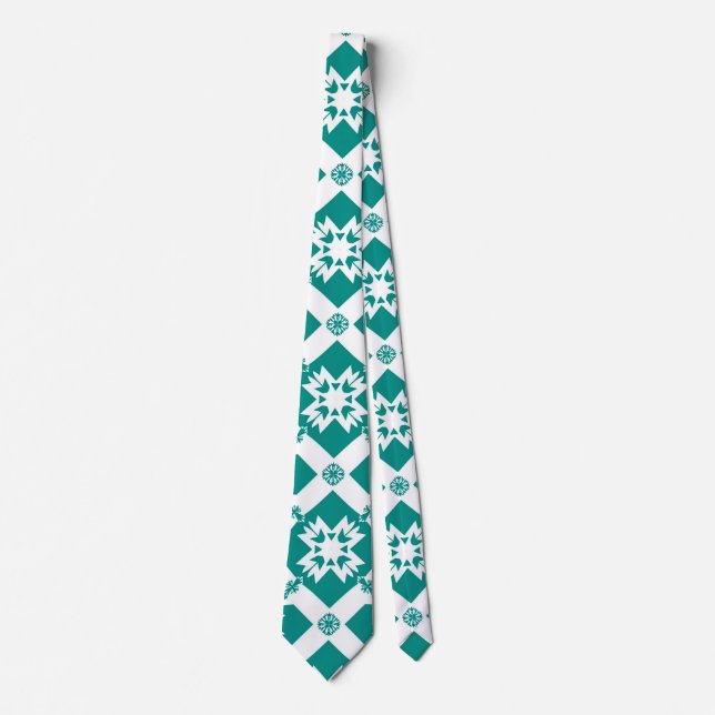 Abstract Geometric Pattern in White and Green Tie (Front)