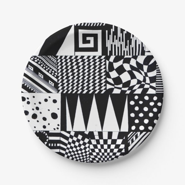 abstract geometric shapes black white pattern hand paper plate (Front)