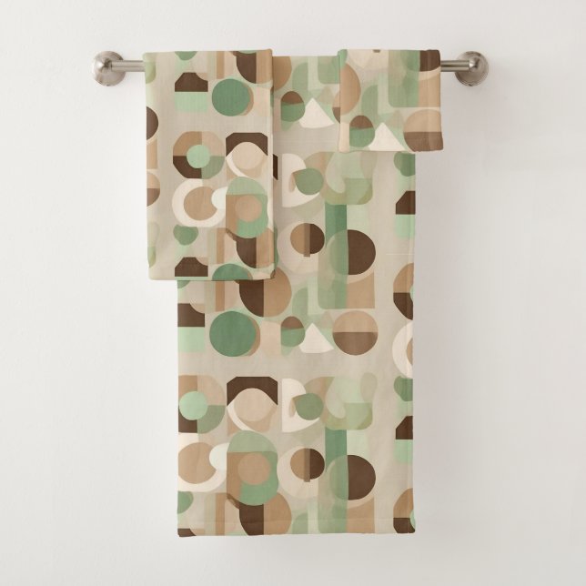 Abstract Geometric Shapes in Green, Beige, Brown Bath Towel Set (Insitu)