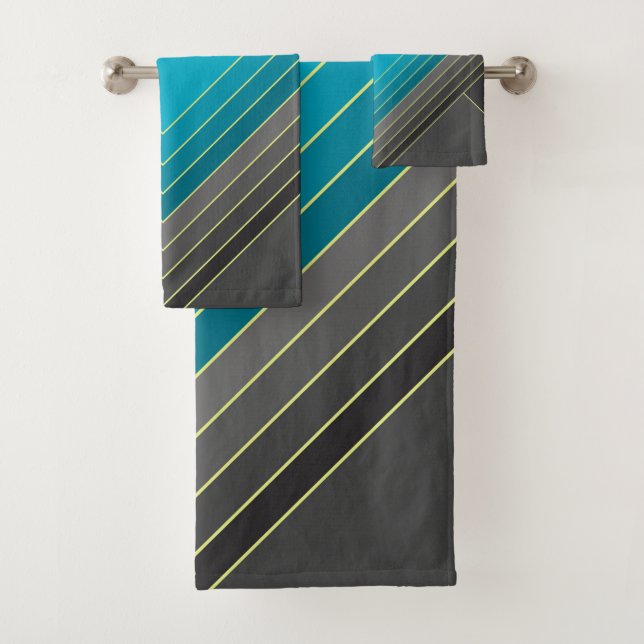 Abstract geometric shapes in teal and greys bath towel set (Insitu)