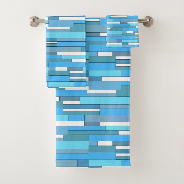 Abstract geometric shapes in teal & turquoise bath towel set (Insitu)