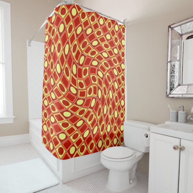 Abstract geometric swirl retro pattern in red  shower curtain (In Situ)