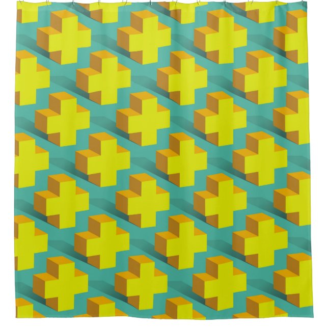 Abstract geometric texture of yellow crosses on a  shower curtain (Front)