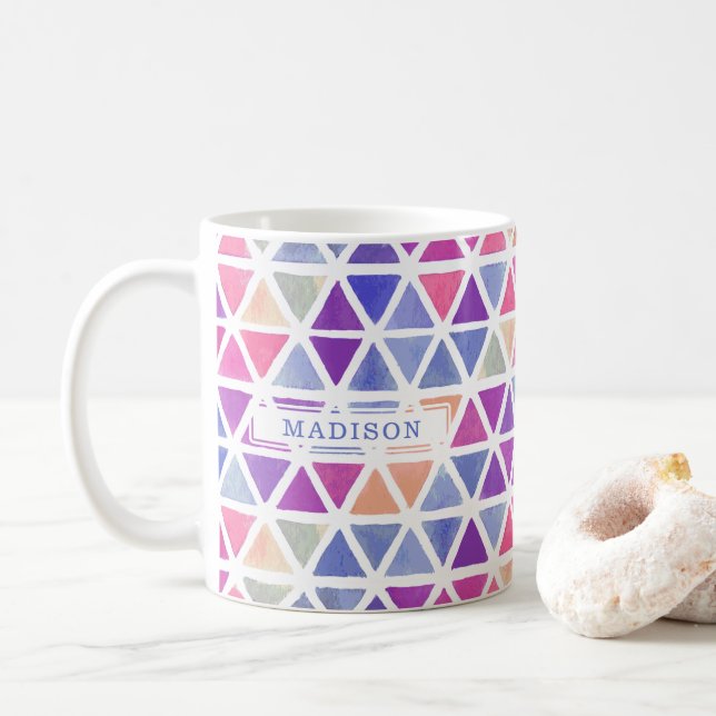 Abstract Geometric Triangles - Cool & Vivid Tones Coffee Mug (With Donut)