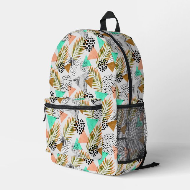 Abstract Geometric Tropical Leaf Pattern Printed Backpack (Back Corner Right)