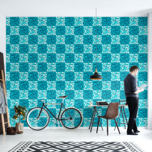 Abstract Geometric Turquoise Blue Chequerboard Wallpaper