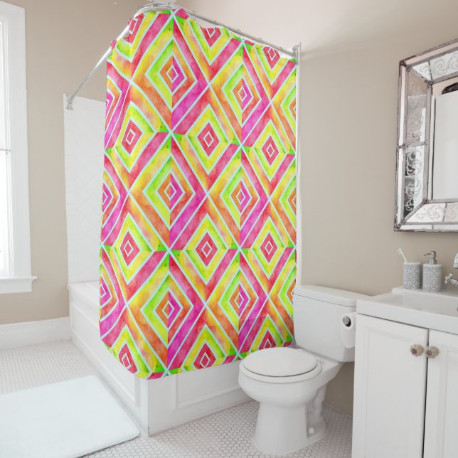 Abstract geometric watercolor hot pink and green shower curtain (In Situ)