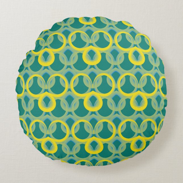 Abstract geometric yellow green pattern round cushion (Front)