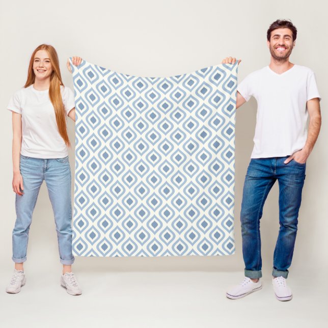 Abstract geometrical, blue and off white fleece blanket (In Situ)