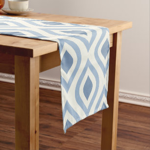 Abstract geometrical, blue and off white short tab short table runner