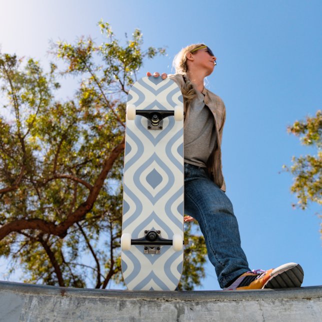 Abstract geometrical, blue and off white skateboard (Outdoor 1)
