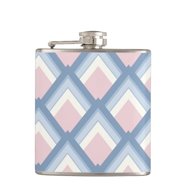 Abstract geometrical, blue, pink and off white hip flask (Front)