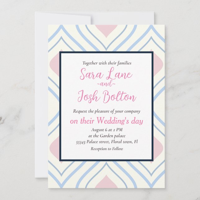 Abstract geometrical, blue, pink and off white invitation (Front)