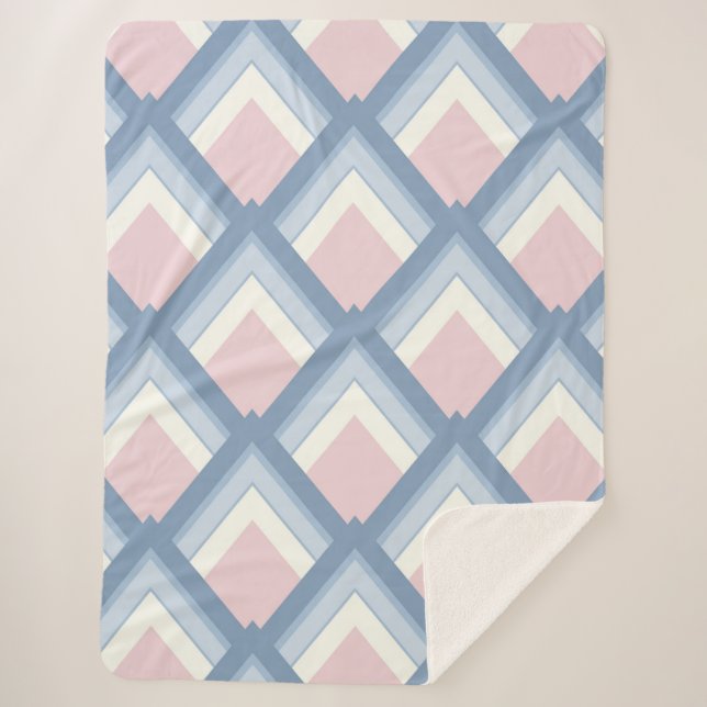 Abstract geometrical, blue, pink and off white sherpa blanket (Front)