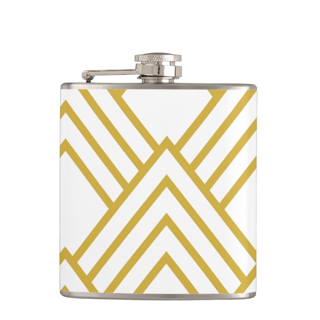 Abstract geometrical, white and gold hip flask (Front)