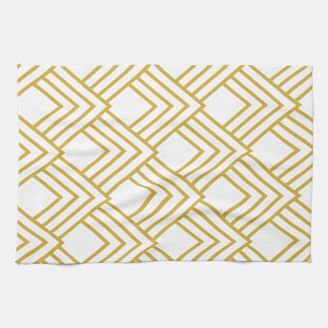 Abstract geometrical, white and gold kitchen towel (Horizontal)