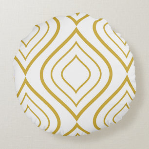 Abstract geometrical, white and gold round cushion